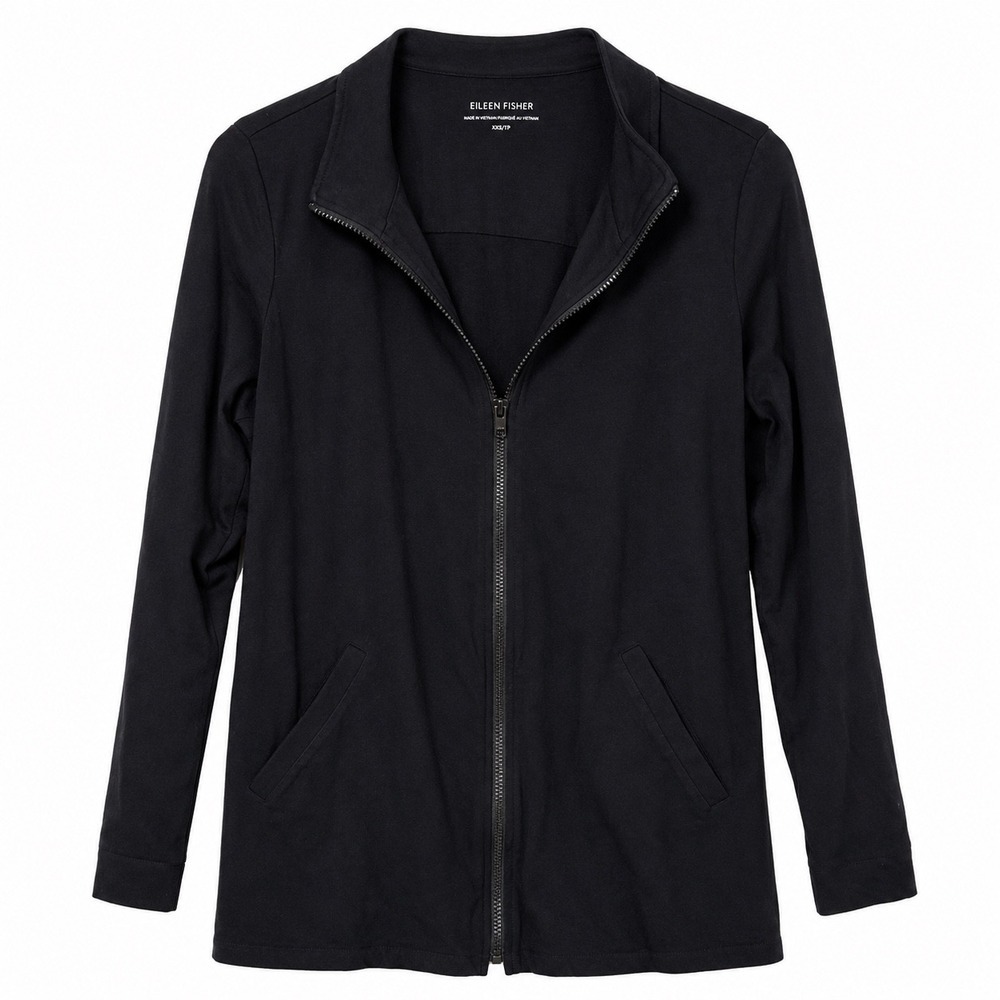 Eileen Fisher Black Zip Up Jacket Medium Minimalist Athleisure Quiet Luxury